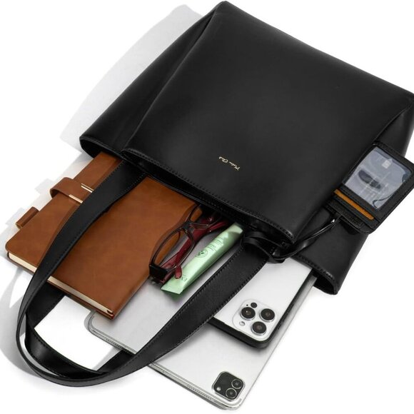 Women’s Vegan Leather Work Tote Bag with Zip Compartments and Shoulder Strap - Picture 5 of 7